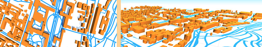 City buildings and routes triangulated by the plugin, seen from above and in 3D